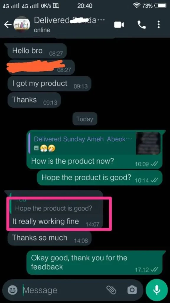 Customer WhatsApp Testimonial 1